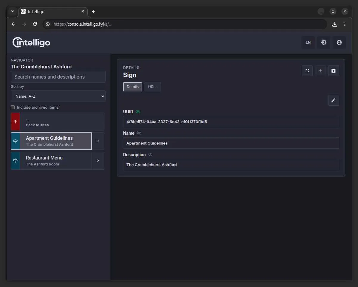 Intelligo Admin Console QR sign editor