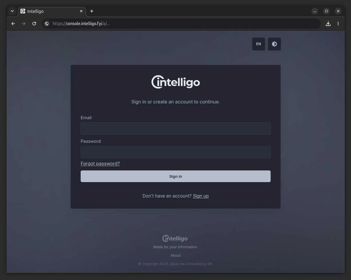 Intelligo Admin Console sign-in screen